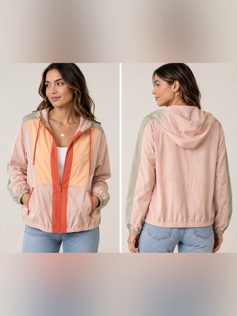 Lou & Grey lightweight hooded windbreaker pink coral colorblock LARGE coastal